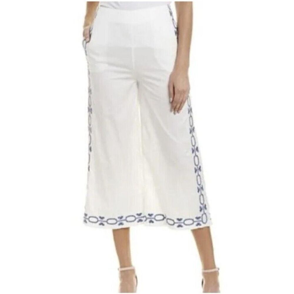 Anthropologie FoxieDox Spellgirl White Blue Embroidered Wide Leg Crop Pants M